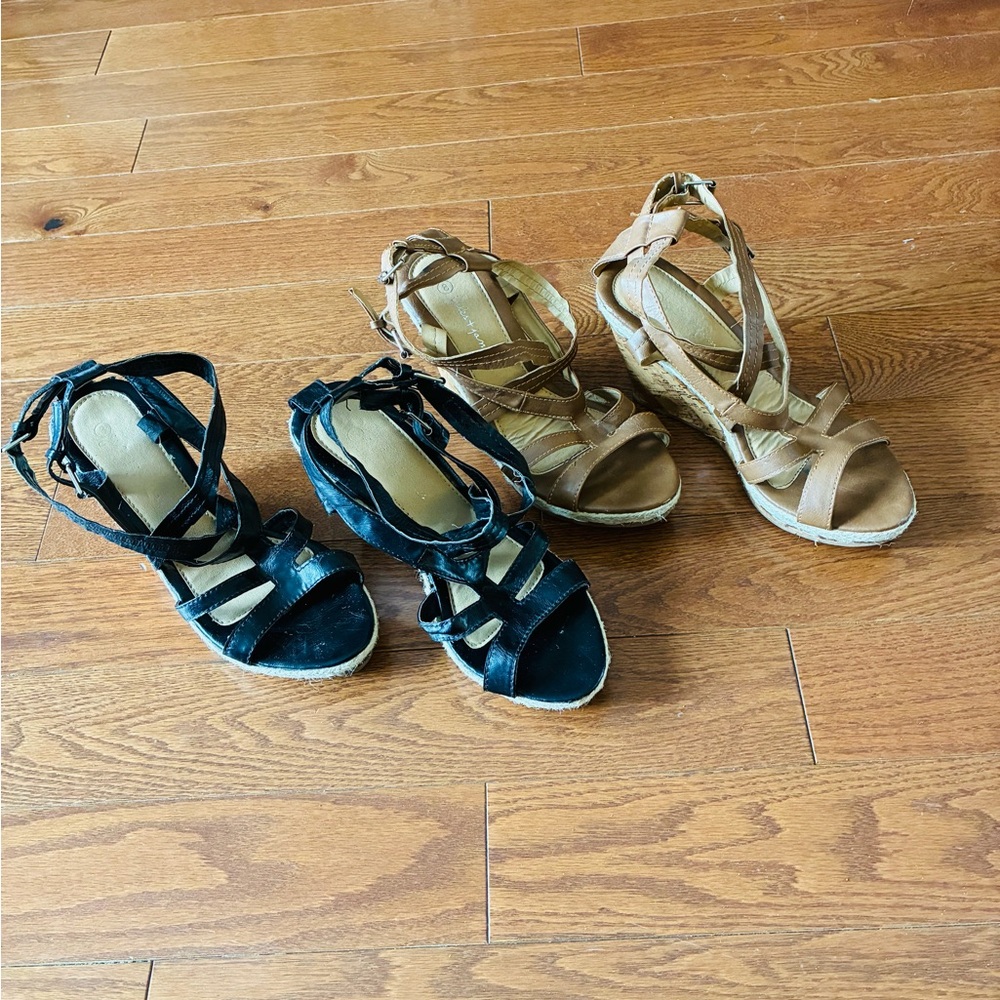 Elegant Black and Tan Wedge Sandals